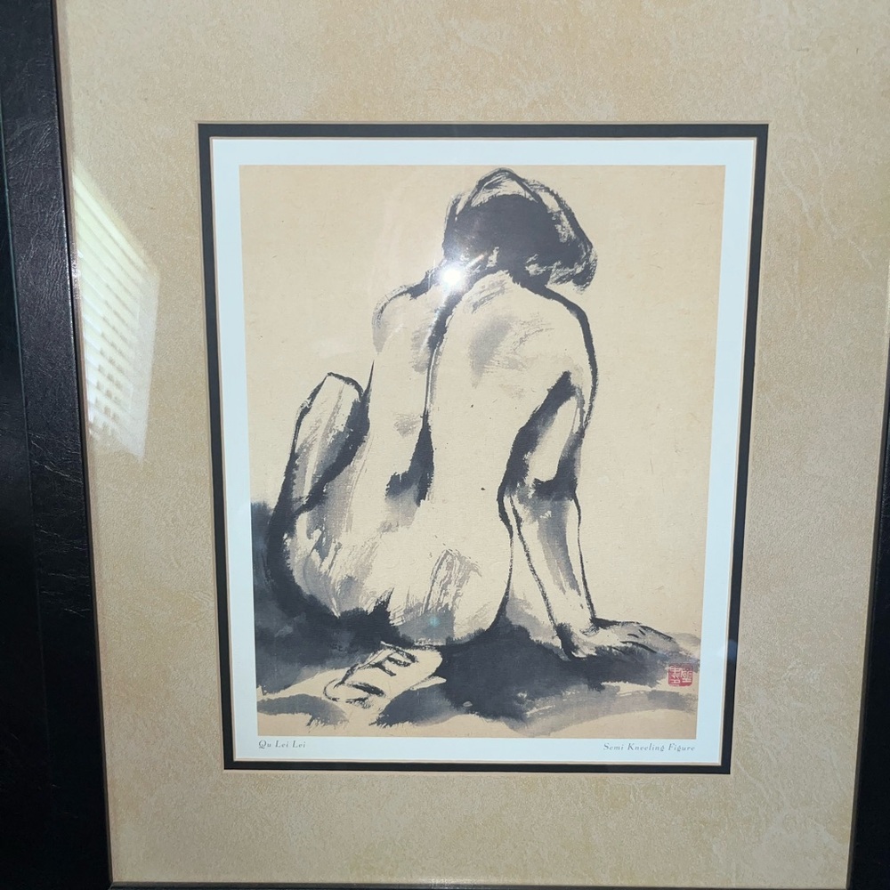 Framed Black and White Art Print Girl Kneeling by Artist Qu Lei Lei